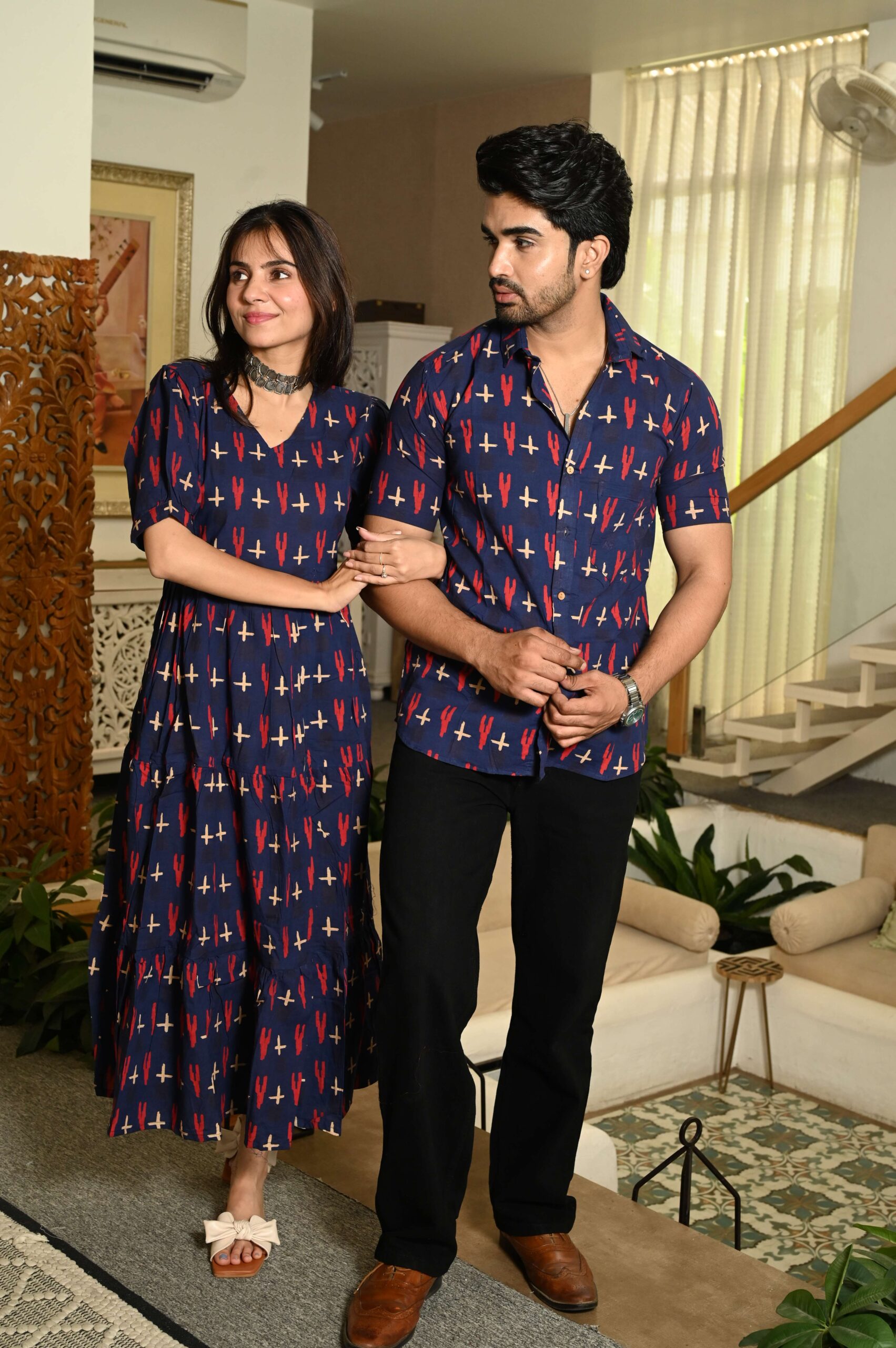 Couple Matching Navy Blue Cotton Printed Anarkali Midi Dress & Shirt Set ? Casual & Festive Wear - Image 3