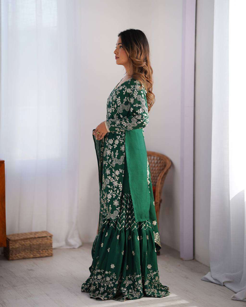 Women's Chinon Silk Embroidery Sequence Work Straight Kurti With Sharara Suit and Dupatta Set - Image 2